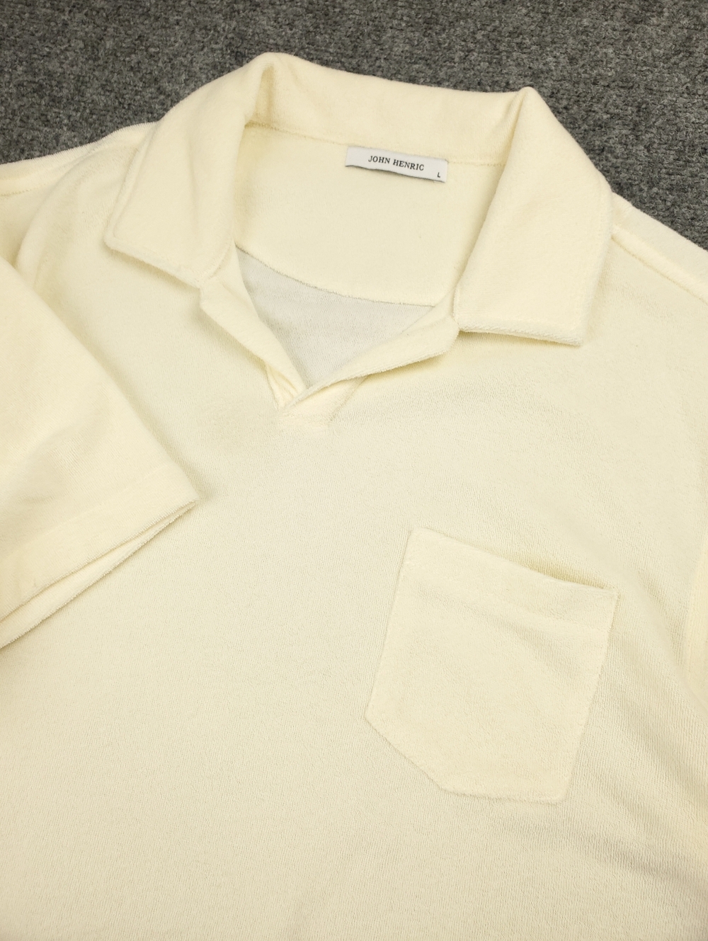 John Henric Sweden Terrycloth Polo Shirt Mens Large Cream Open Johnny Collar